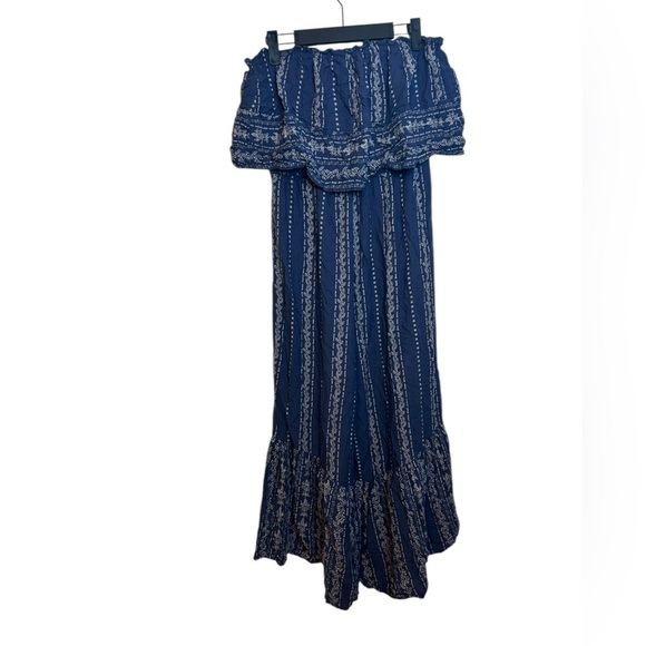 Japna Pants - Japna Strapless Blue Bohemian Ruffle Wide Leg Jumpsuit